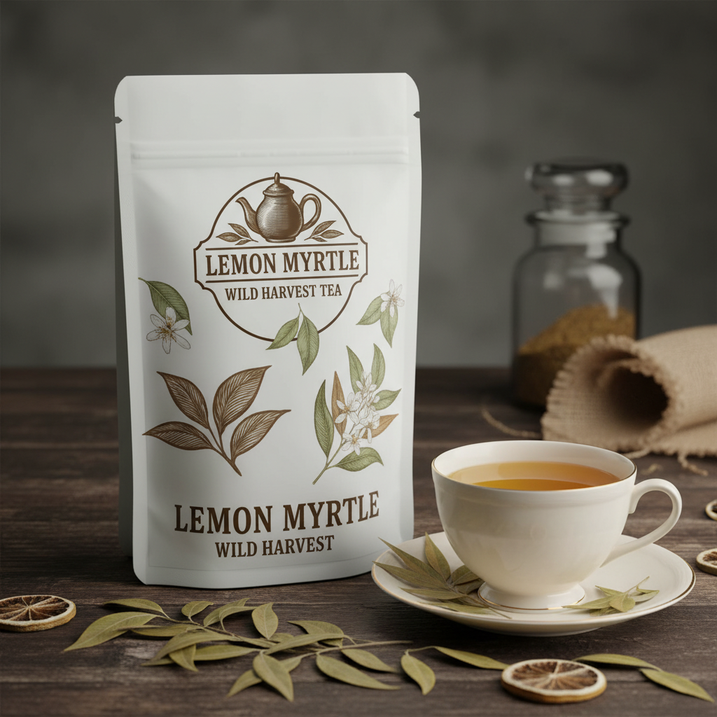 Lemon Myrtle Wild Harvest Tea branded pouch